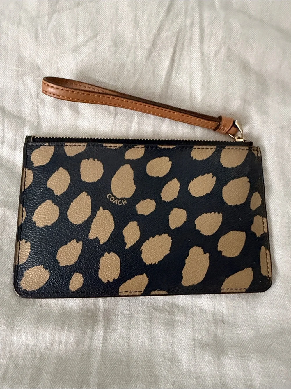 Coach Leopard Print Wristlet in Black and Tan